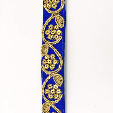 Royal Blue Art Silk Trim with Gold Floral Embroidery and Gold Sequins Indian Sari Border Trim By 3 Yards Decorative Trim Craft Lace